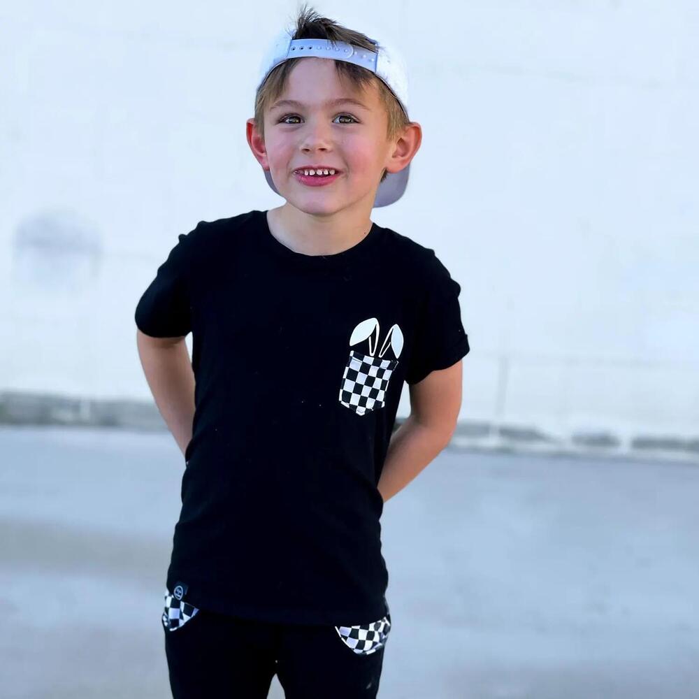 Checkered Bunny Pocket T-Shirt - Kids Easter Shirt - Modern Toddler Tee